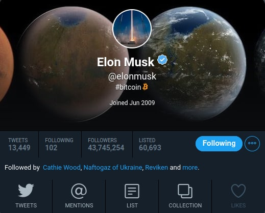  일론 머스크, 트위터 프로필에 비트코인 추가