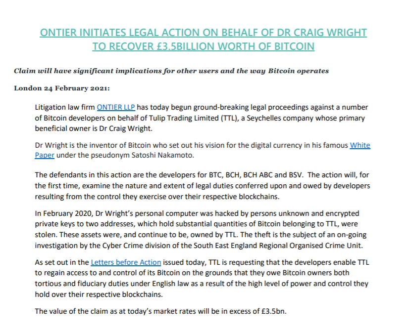  크레이그 라이트, BTC 개발자에 해킹 피해 관련 손해배상 청구 소송 제기