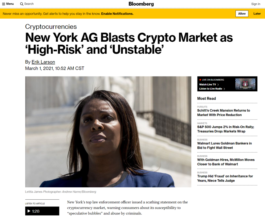  뉴욕 검찰총장 “암호화폐, 고 위험·불안정 시장” 