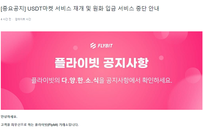  플라이빗, 원화 입금 서비스 중단…코인 마켓 우선 등록할 것