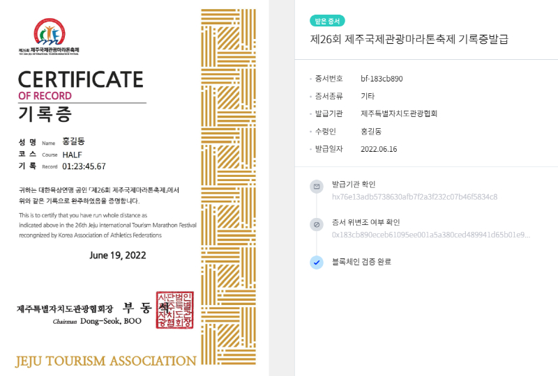  아이콘루프, 제주국제마라톤 완주증 블록체인 '브루프'로 발급