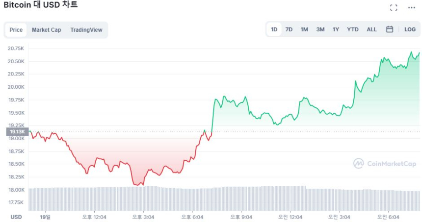  [시세브리핑] 비트코인 2만 달러선 회복...8.37% ↑ 