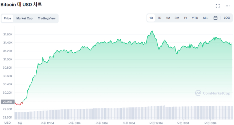 [시세브리핑] 주말간 6% 급등한 비트코인...3만1000달러 돌파