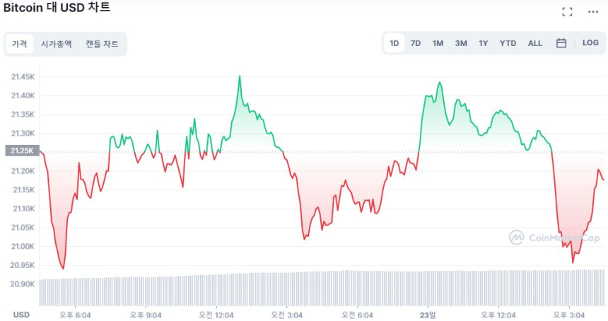  [마감 시세브리핑] 비트코인, 2만1180달러선 유지...시장은 혼조세