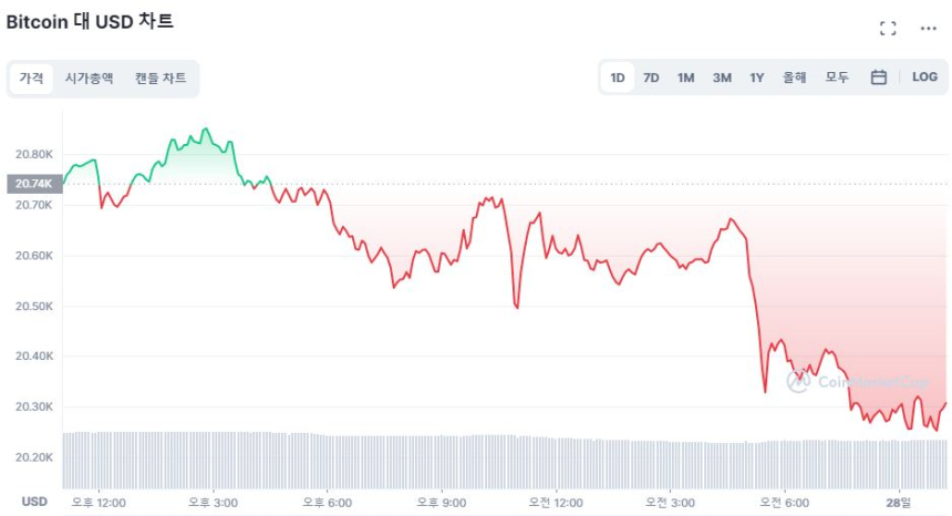  [오후 시세브리핑] 비트코인 하락세 지속...2만 달러 방어 중