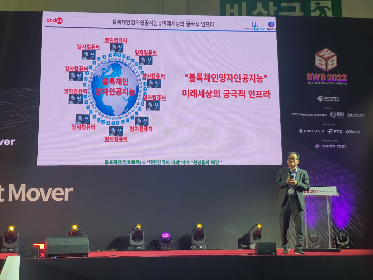  사진 = 박성준 동국대학교 교수가 27일 BWB2022 행사에서 자신의 구상을 발표하고 있다 / 토큰포스트 