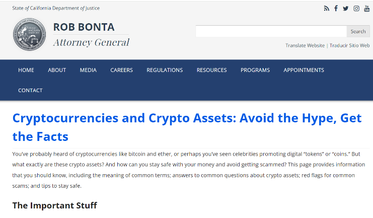  캘리포니아 법무부, 암호화폐 투자 입문자 위한 웹페이지 개설