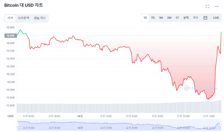  [마감 시세브리핑] 종일 내려가던 암호화폐, 어느새 제자리...비트코인 약 1만6700달러 회복