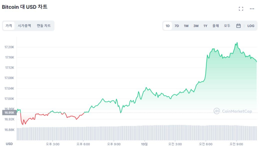  [오후 시세브리핑] 시장 혼조세...비트코인 1만7140달러선