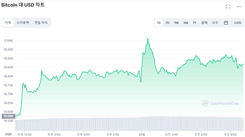  [오후 시세브리핑] 시장 상승 흐름 유지...비트코인 1만6860달러선