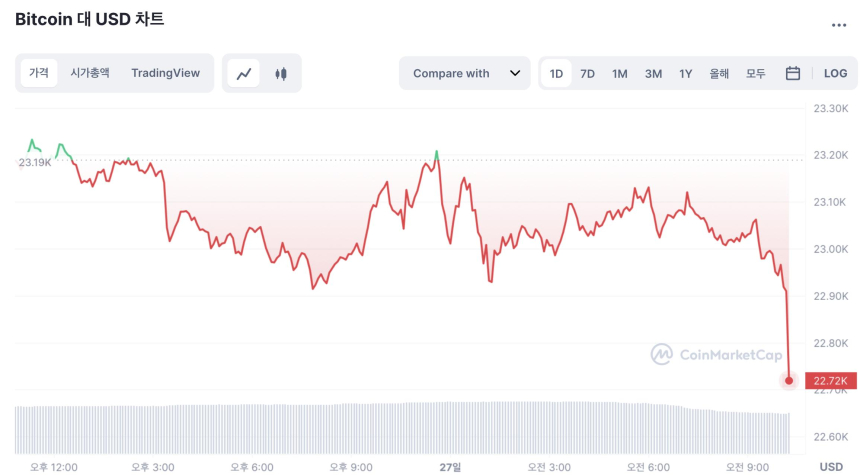  [오후 시세브리핑] 시장 하락세…비트코인 2만2900달러선