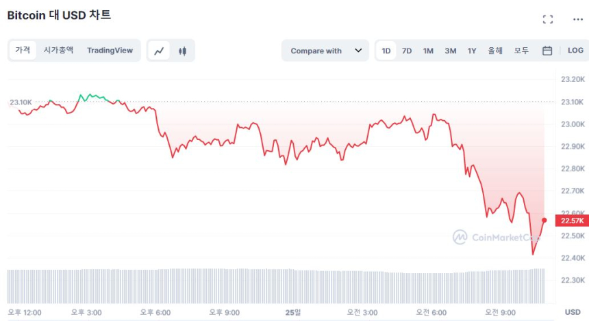  [오후 시세브리핑] 비트코인 2만2500달러선...2% ↓