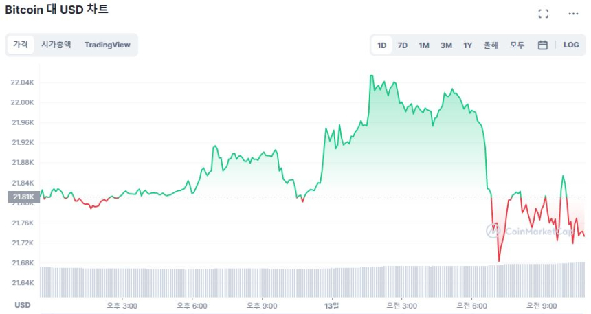  [오후 시세브리핑] 시장 소폭 하락 중...비트코인 2만1730달러선