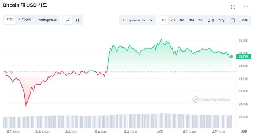  [시세브리핑] 시장 소폭 상승 중...비트코인 2만4750달러