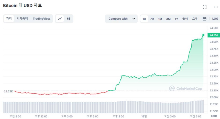  비트코인, 2주 만에 2만4200달러 돌파...하루 9% 급등