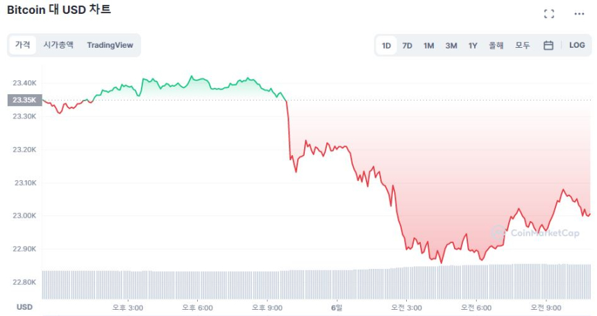  [오후 시세브리핑] 확신 잃은 시장 하락세 지속...비트코인 2만3000달러선