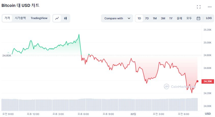  [시세브리핑] 금리인상 불안에 암호화폐 시장 하락세...비트코인 2만4379달러선