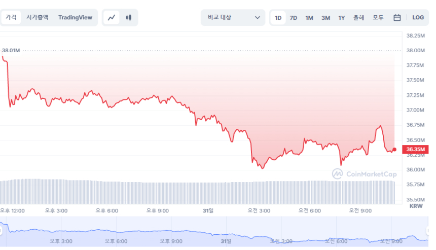  [오후 시세브리핑] 암호화폐 시장 하락세...비트코인 2.92%↓