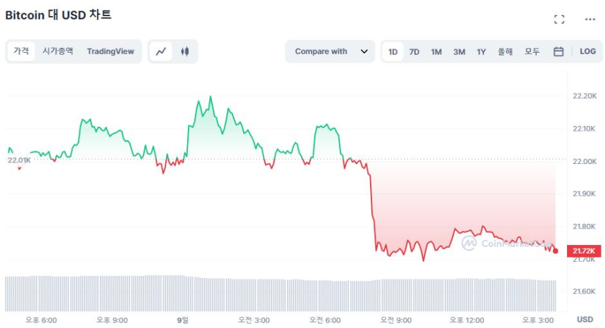  [마감 시세브리핑] 호재 없는 시장 하락세...비트코인 2만1720 달러선