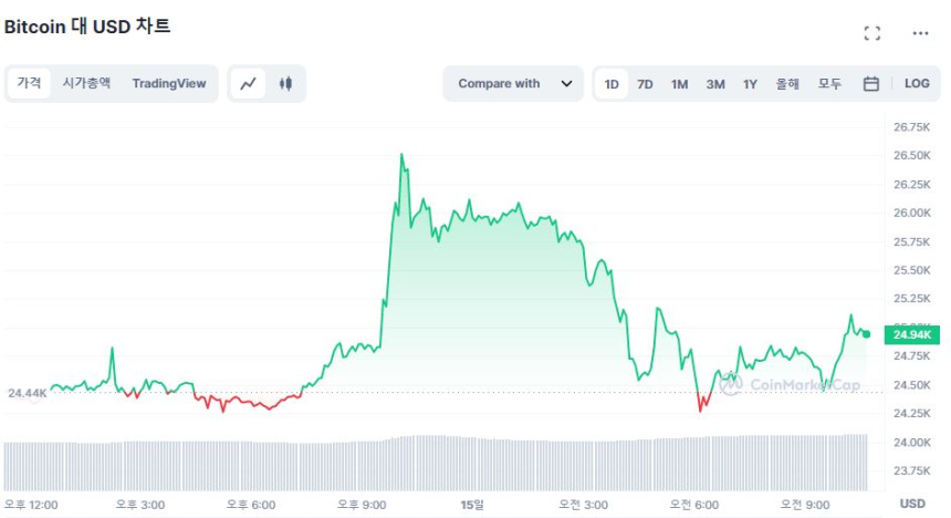  [오후 시세브리핑] 시장 완만한 상승세...비트코인 2만4950 달러선