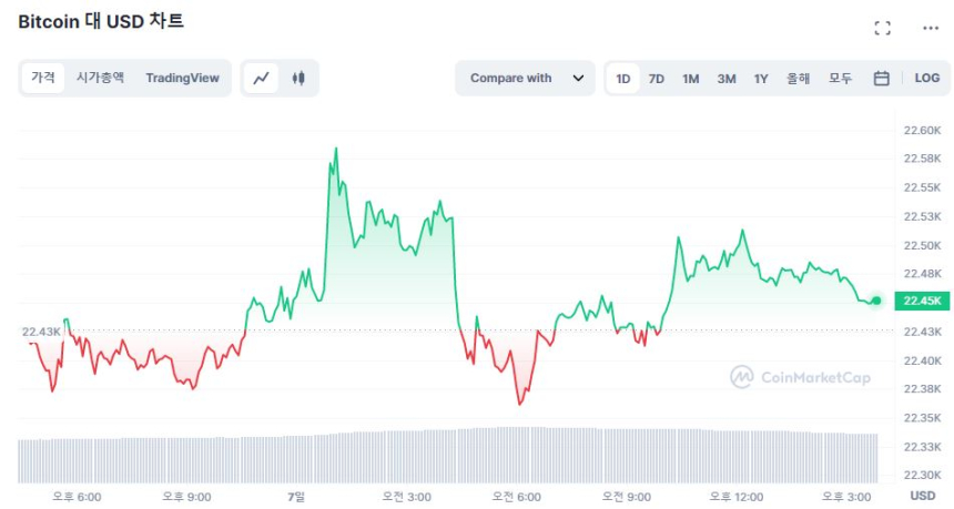  [마감 시세브리핑] 비트코인 2만2450 달러, 이더리움 1570 달러 선