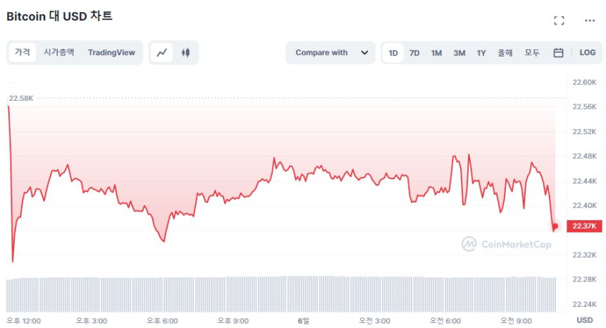  [오후 시세브리핑] 하방 압력 지속...비트코인 2만2340 달러선