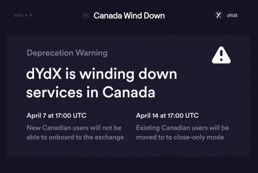  탈중앙화 거래소 dXdY, 캐나다 시장서 철수한다
