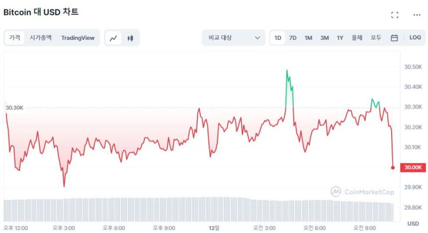  [오후 시세브리핑] 시장 약보합세...비트코인 3만 달러 방어 중