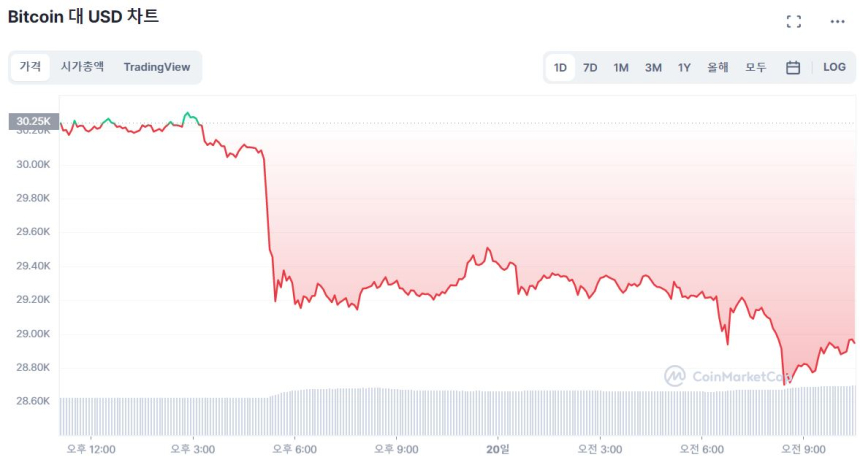  [오후 시세브리핑] 암호화폐 하락세 지속...비트코인 2만9000 달러 아래로