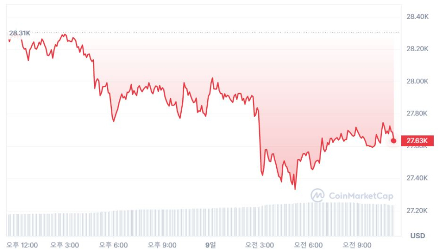  [오후 시세브리핑] 시장 하락폭 좁혀...비트코인 2만7650 달러선