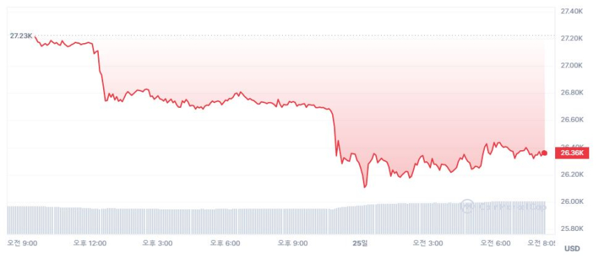  [시세브리핑] 비트코인 2만6380 달러...3% 하락폭