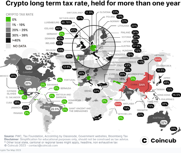  사진 = 국가별 크립토 세금 비율 지도 / 코인컵(Coincub) 홈페이지 갈무리 