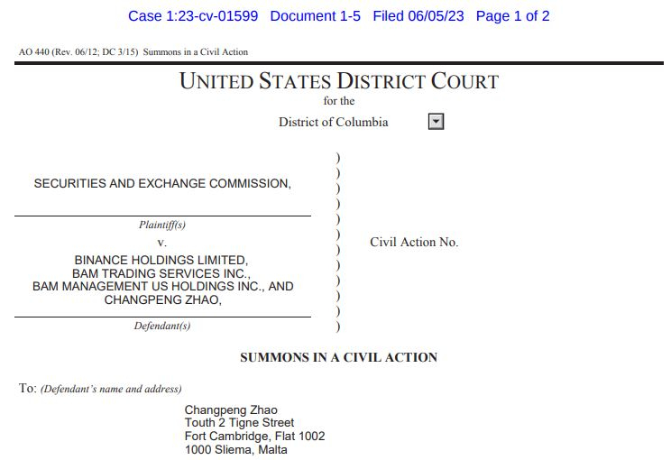  美 지방법원, 창펑 자오에 소환장 발부...21일 안에 응해야