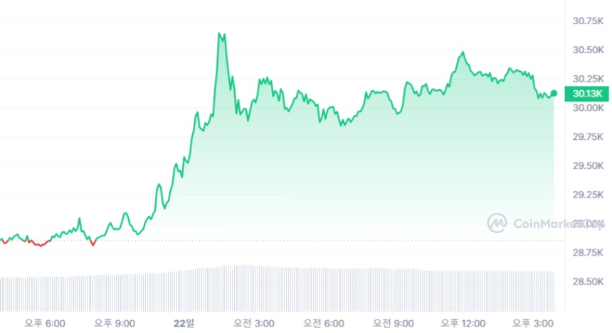  [마감 시세브리핑] 비트코인 3만 달러, 이더리움 1910 달러선