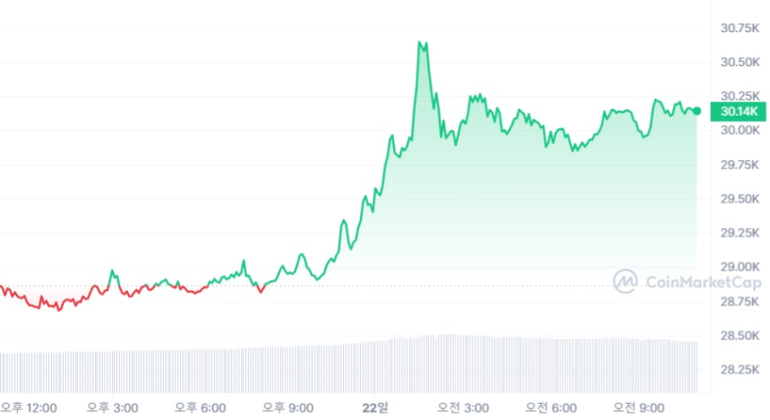  [오후 시세브리핑] 비트코인 3만 달러선 유지...4.8% ↑