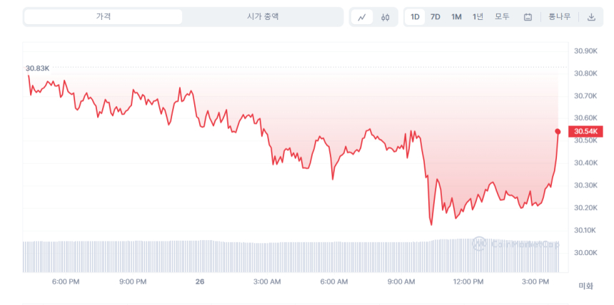  [마감 시세브리핑] 암호화폐 시장 하락세...비트코인 3만 달러