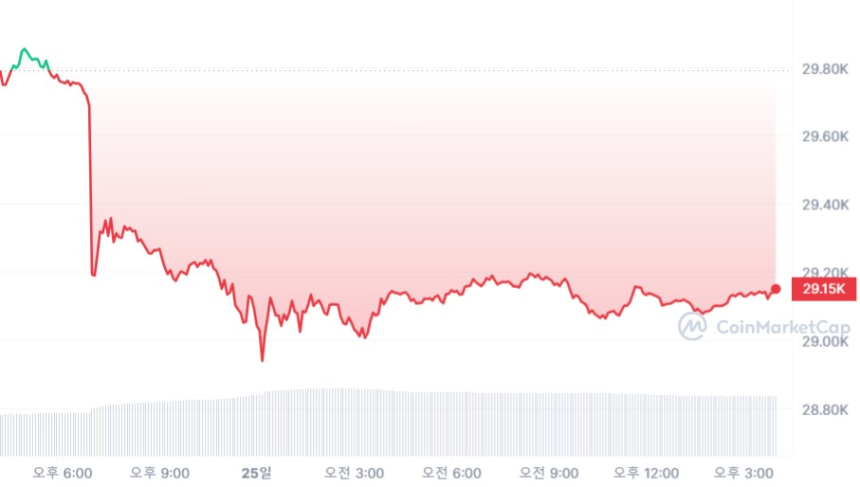  [마감 시세브리핑] 비트코인 2만9130 달러, 이더리움 1850 달러선