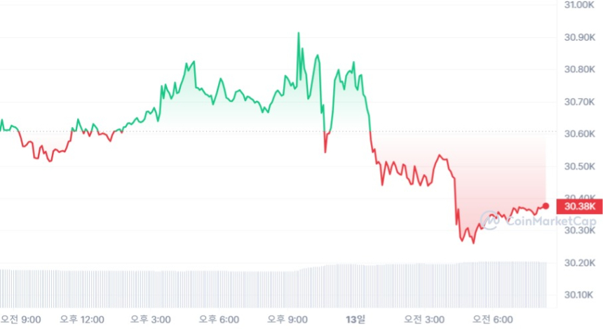  [시세브리핑] 뚜렷한 물가 둔화에도 암호화폐 시장 약보합...비트코인 3만360 달러선