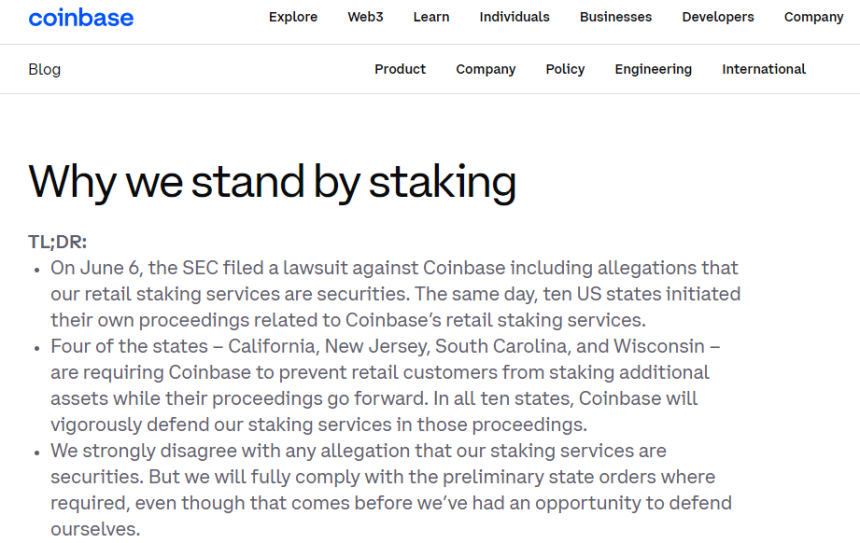 코인베이스, 캘리포니아·뉴저지 등 4개 주에서 '스테이킹' 서비스 못 한다