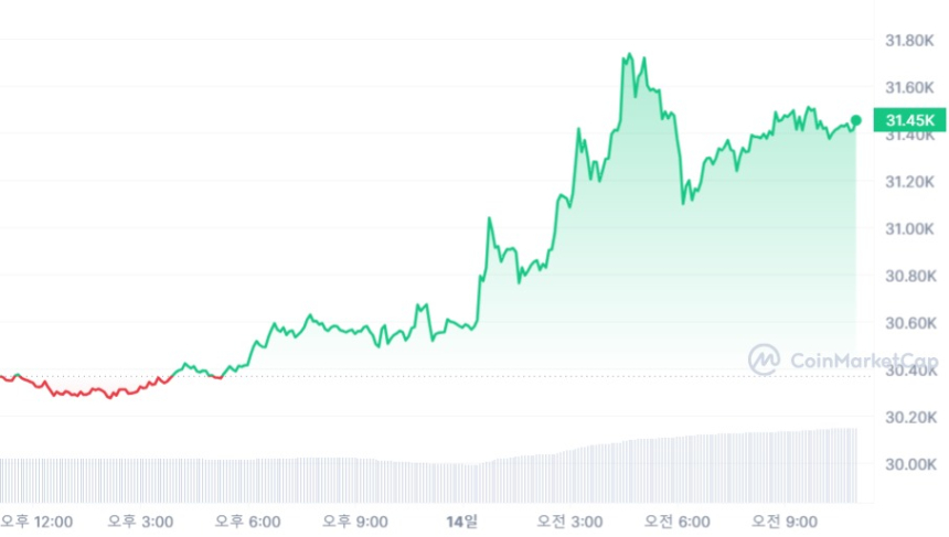  [오후 시세브리핑] 암호화폐 시장 상승폭 확대...비트코인 3만1260 달러선