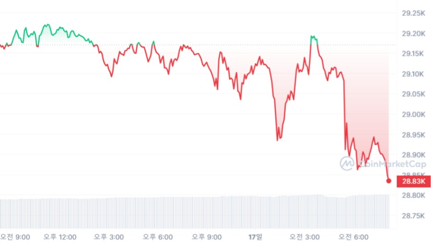  [시세브리핑] 비트코인 2만9000 달러선 깨져...1.16% ↓