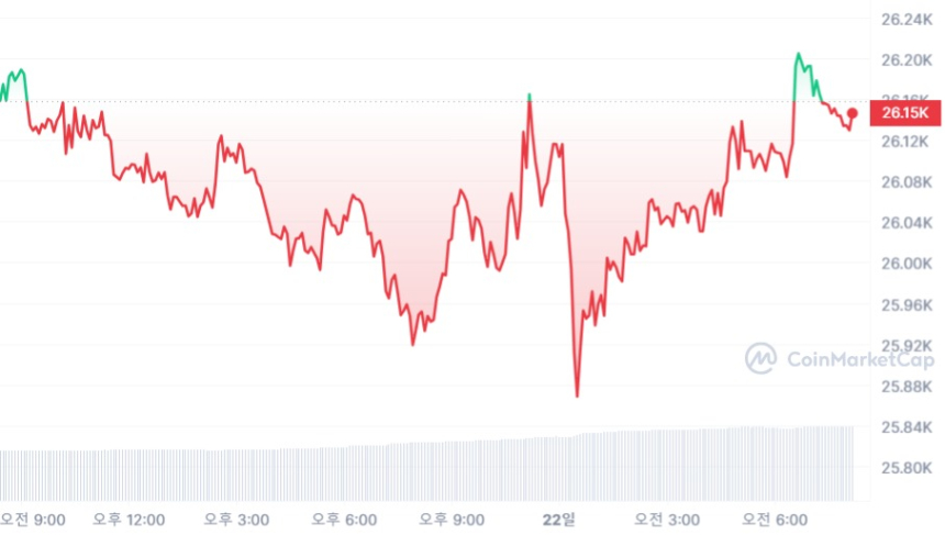  [시세브리핑] 가상자산 시장 하락세...비트코인 2만6130 달러선