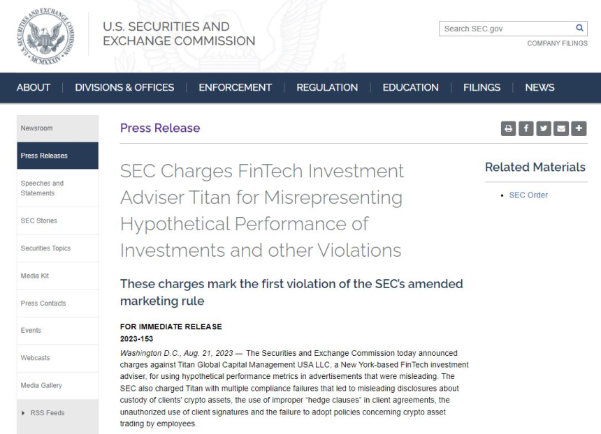  美 SEC, '타이탄 글로벌' 기소...암호화폐 투자 수익 허위 광고 혐의