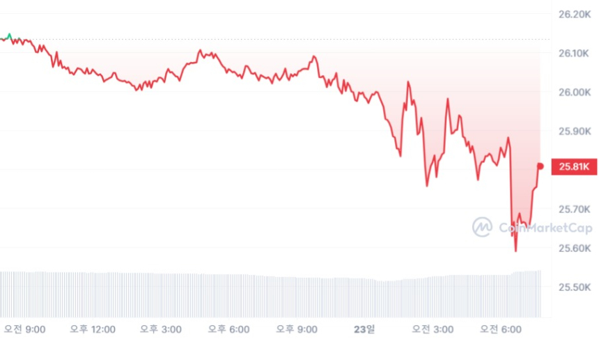  [시세브리핑] 하락세 이어가는 가상자산 시장...비트코인 2만5820 달러선
