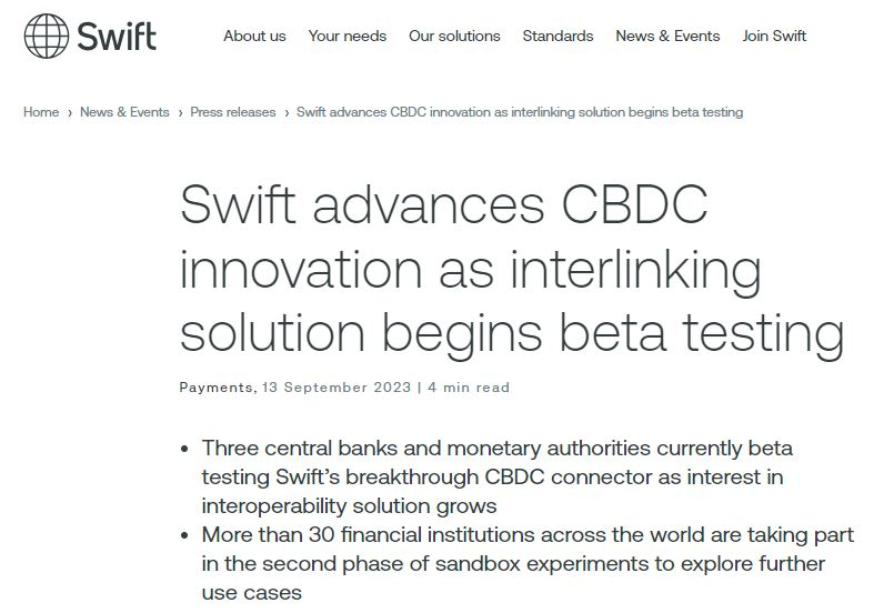 스위프트(SWIFT), 3개 중앙은행과 CBDC 연결 솔루션 베타 실험