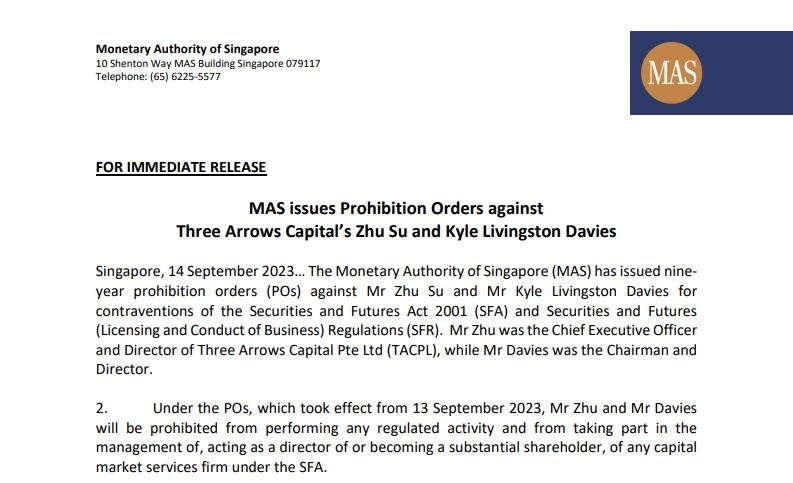  3AC 공동설립자들, 9년간 금융 기업 활동 못한다...싱가포르 통화청, '금지명령'
