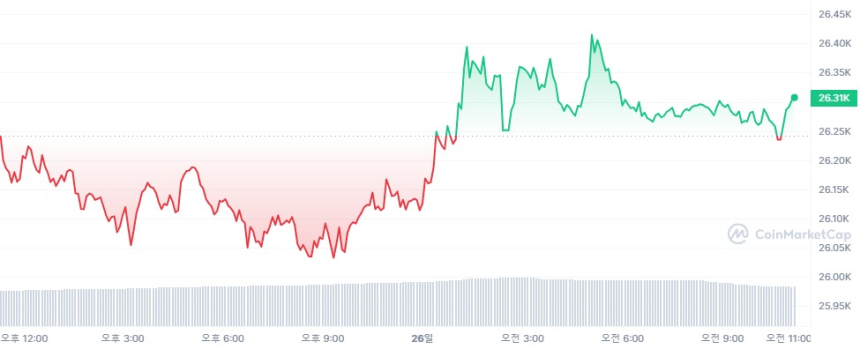  [오후 시세브리핑] 가상자산 시장 강보합세...비트코인 2만6300달러선