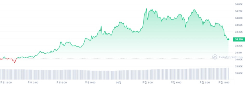  [오후 시세브리핑] 암호화폐 시장 강보합세...비트코인 3만4682달러선