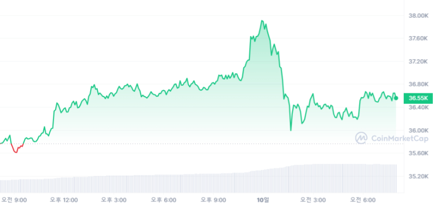  [시세브리핑] 파월 매파적 발언 속 암호화폐 시장 상승세...비트코인 3만6530달러선