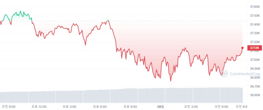  [시세브리핑] 암호화폐 시장 하락 흐름 유지...비트코인 3만7110달러선
